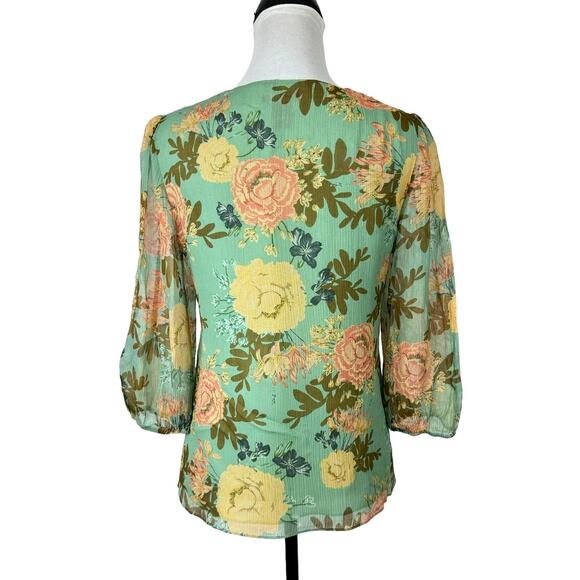 Sundance Sylvan Sage Green Floral Sheer Crepe Texture Silk Babydoll Blouse - Picture 2 of 10